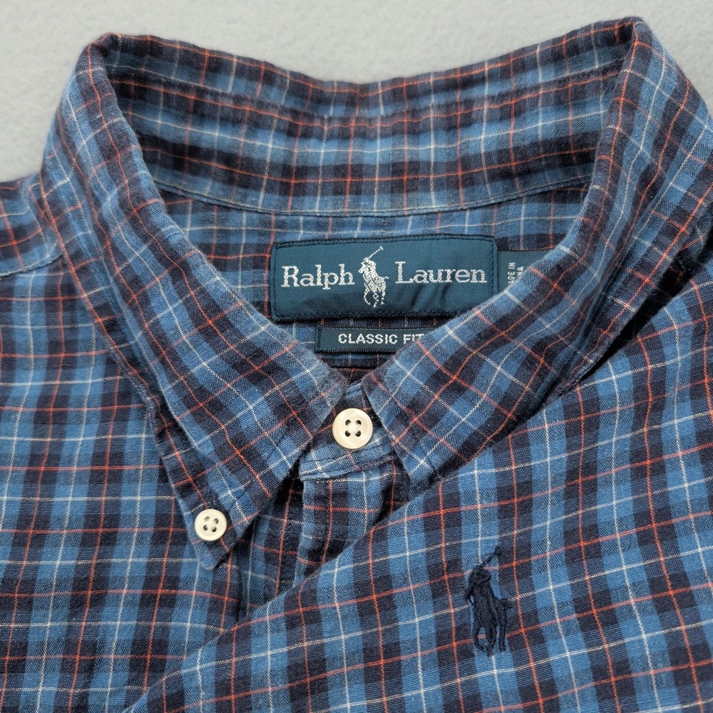 Ralph Lauren Shirt Mens XL Blue Plaid Linen Cotton Classic Fit Button Down Pony